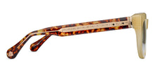 Load image into Gallery viewer, The side view of the glasses is shown, displaying the details and color of the temple. The temple is in a tortoise shell color and has a M + N engraving along the temple.
