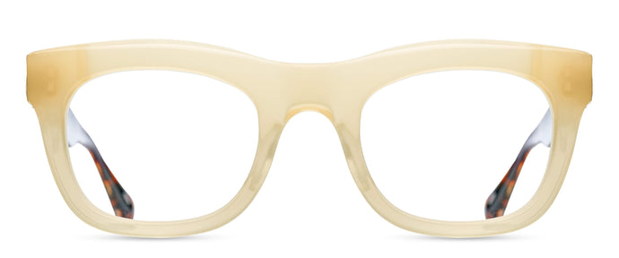 An acetate/plastic rectangular optical glasses frame is displayed in a frontal view. The front of the glasses are a natural brown, cream color. 