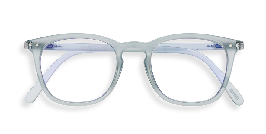 A light, translucent blue, trapezium-shaped glasses is pictured.
