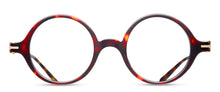 Load image into Gallery viewer, An acetate/plastic optical glasses frame is displayed in a frontal view. The frames feature a red tortoise color and a round lens shape. 
