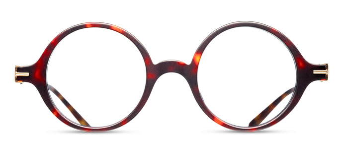 An acetate/plastic optical glasses frame is displayed in a frontal view. The frames feature a red tortoise color and a round lens shape. 